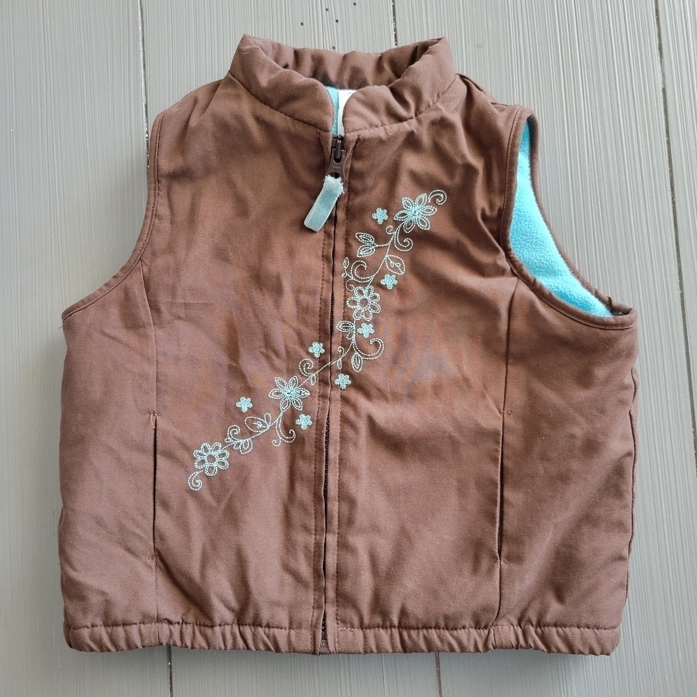 Carter's Baby Girl 24 Months Brown Vest Blue Fleece Interior Floral Embroidery